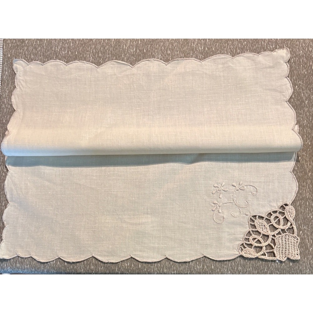 Vintage Linen & Crochet Lace Napkins 16x16" Lot Of 11 Ivory Scalloped Edge Flora